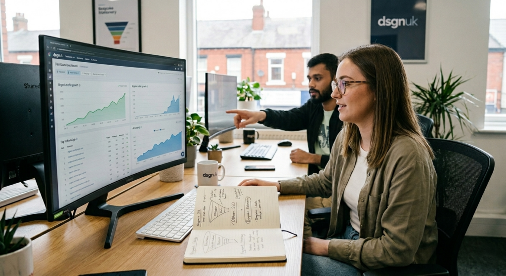 dsgnuk team collaborating on a digital marketing and SEO strategy, analyzing website traffic and ranking data to improve organic search results.